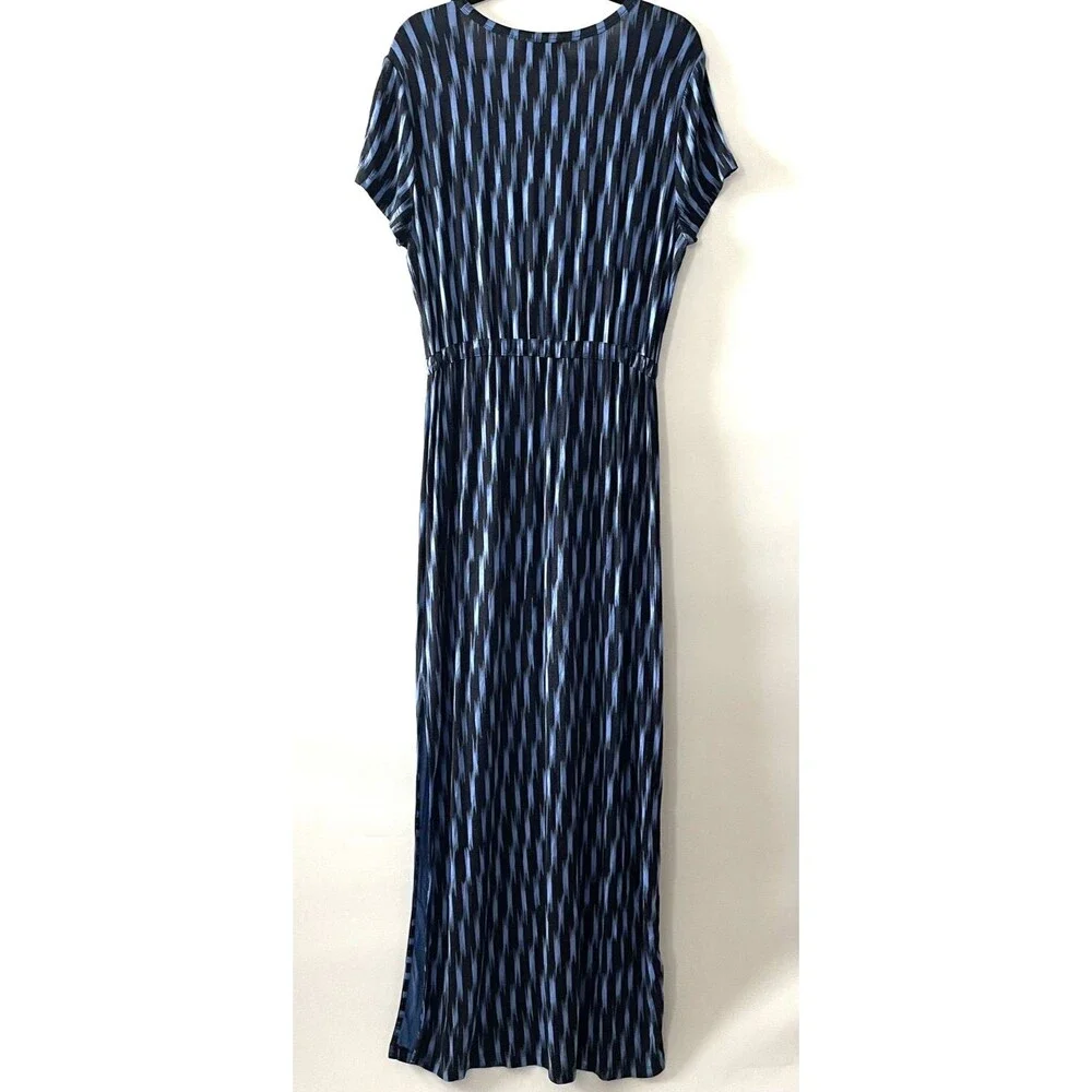 Michael Kors Maxi Dress Blue Black Scoop Neck Short Sleeve Size XL -(C)